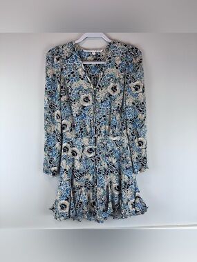 Veronica Beard Blue Cream Floral Riggins 100% Silk Long Sleeve Chic Dress Size 2